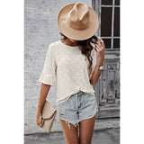 Round Neck Solid Hollow Out Loose Ruffle Top - MVTFASHION.COM
