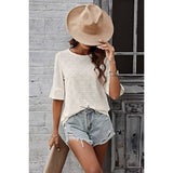 Round Neck Solid Hollow Out Loose Ruffle Top - MVTFASHION.COM
