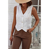 Solid Sleeveless V Neck Button Hollow Out Top - MVTFASHION.COM