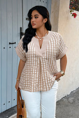 Plus Size V Neck Textured Plaid Patchwork Blouse