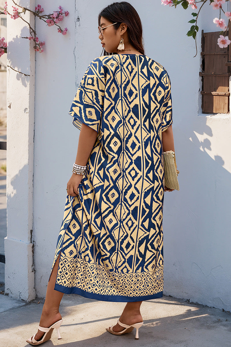Plus Size All Over Print V Neck Split Dress