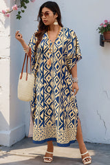 Plus Size All Over Print V Neck Split Dress