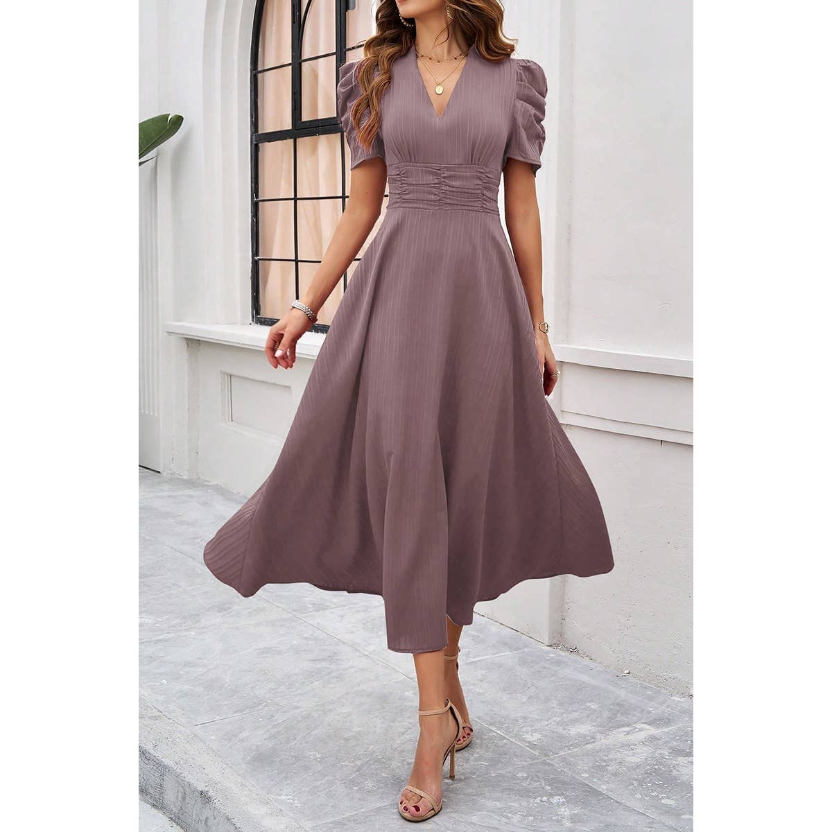 V Neck Solid Puff Sleeves Fit Full Dress - MVTFASHION.COM