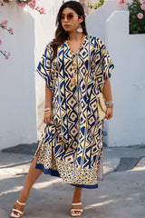 Plus Size All Over Print V Neck Split Dress