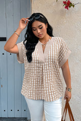 Plus Size V Neck Textured Plaid Patchwork Blouse