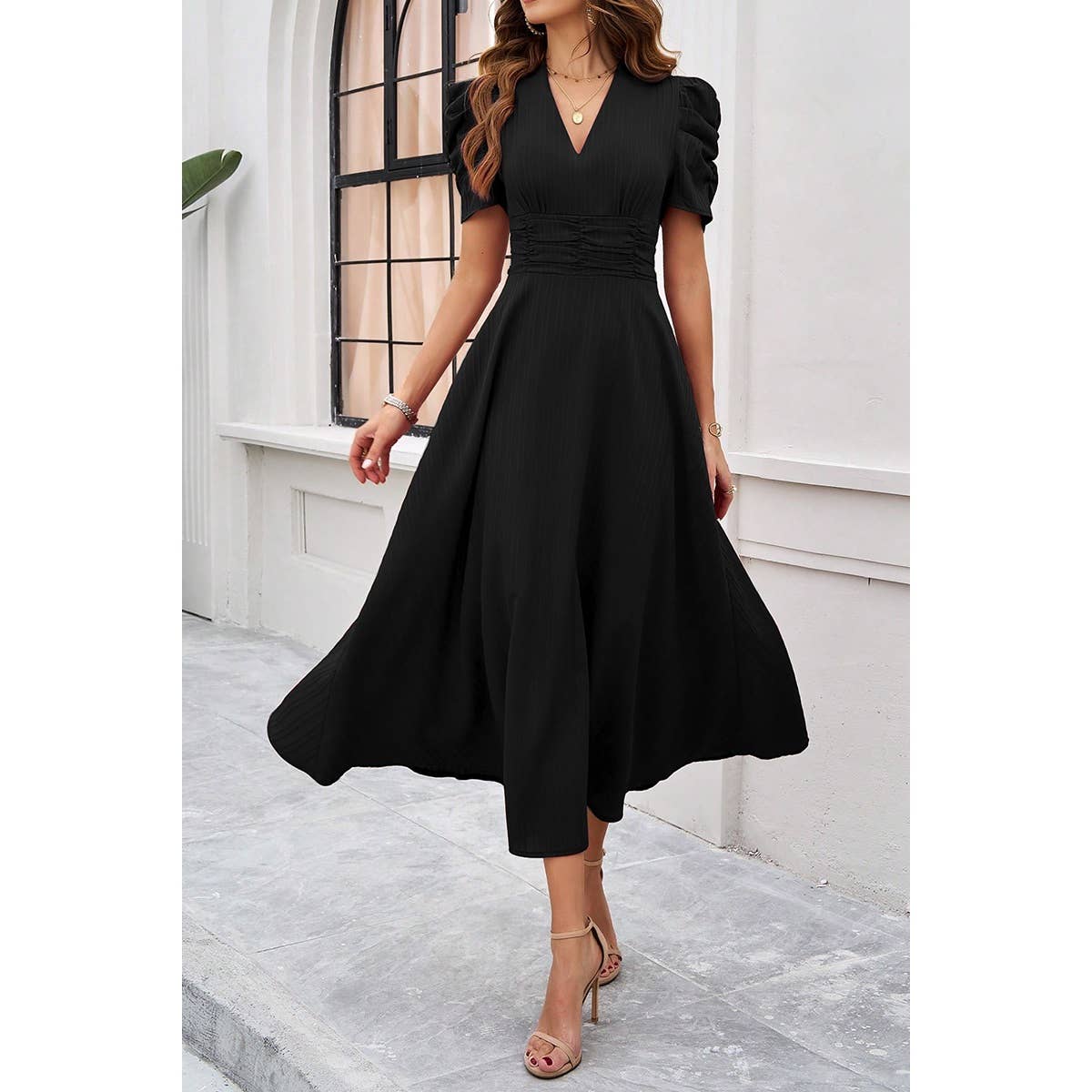 V Neck Solid Puff Sleeves Fit Full Dress - MVTFASHION.COM