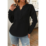 Pleated V Neck Pockets Button Drop Shoulder Blouse - MVTFASHION.COM