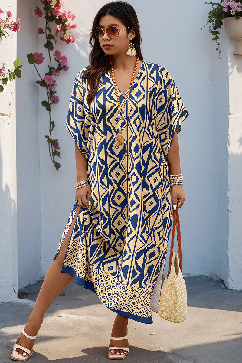 Plus Size All Over Print V Neck Split Dress