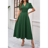 V Neck Solid Puff Sleeves Fit Full Dress - MVTFASHION.COM