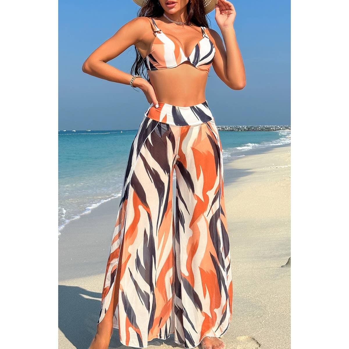 Printed Two Pieces Split Sheer Mesh Pants Swimsuit - MVTFASHION.COM