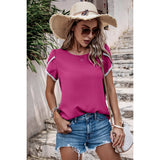 Solid Round Neck Cross Sleeves Lace Hem Tee - MVTFASHION.COM