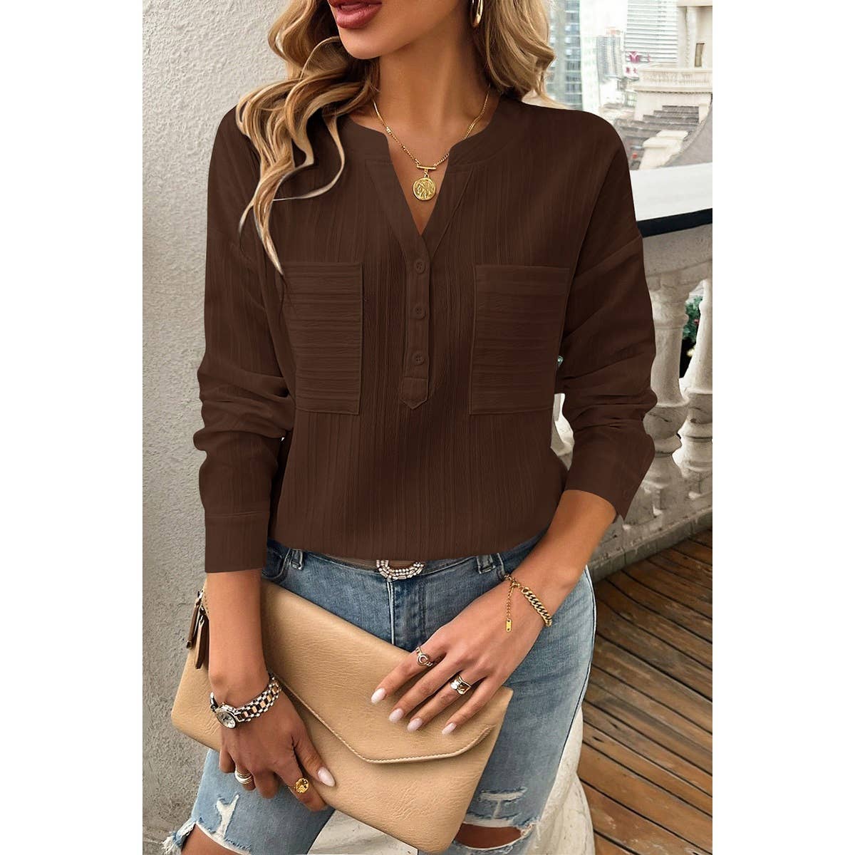 Pleated V Neck Pockets Button Drop Shoulder Blouse - MVTFASHION.COM