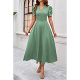 V Neck Solid Puff Sleeves Fit Full Dress - MVTFASHION.COM