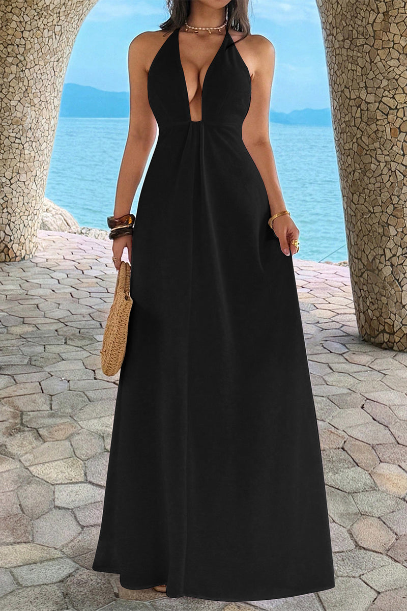 Halter Solid Hide Zipper A Line Maxi Dress