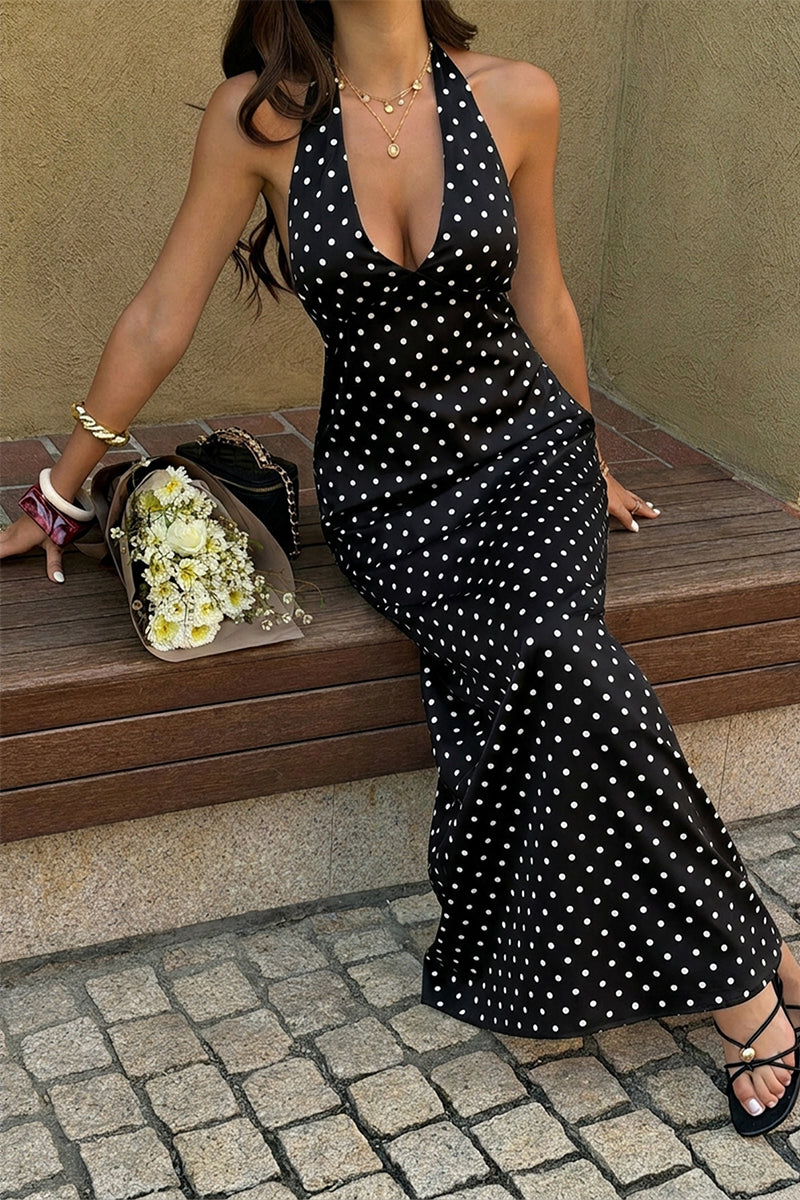 Polkadot Halter Bodycon Sleeveless Long Dress