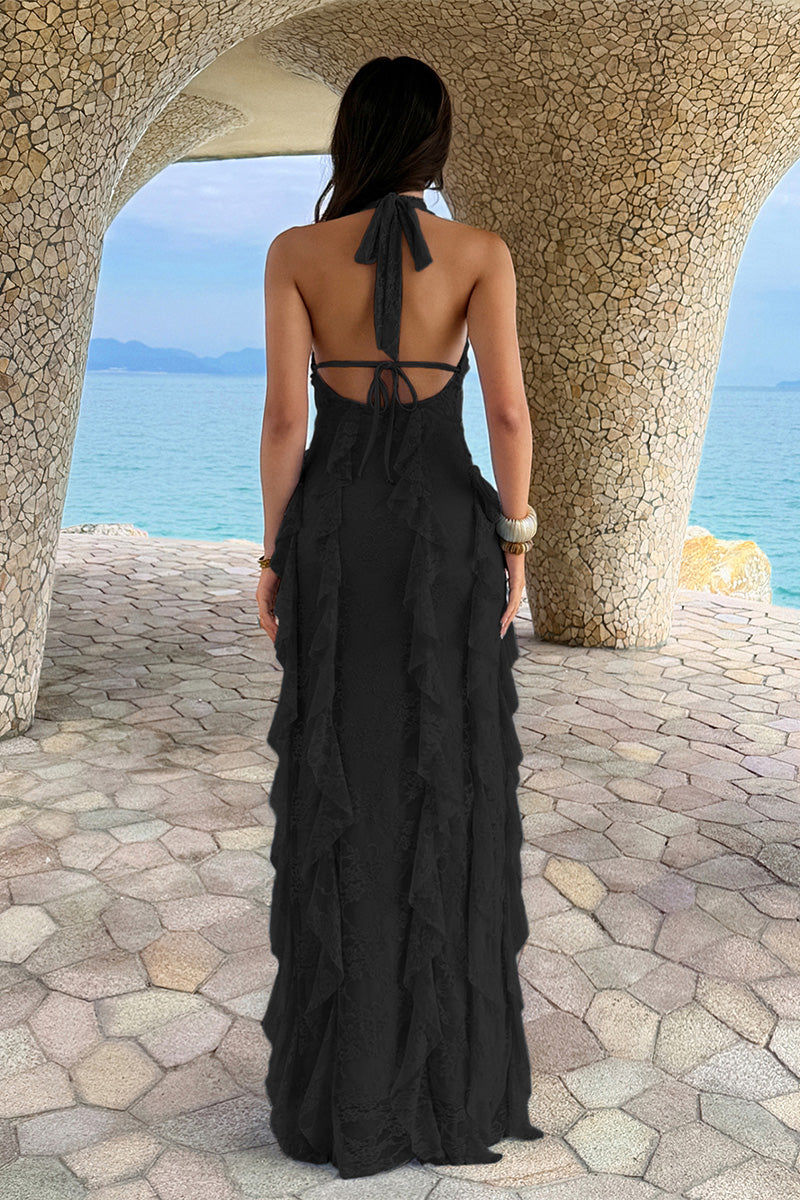 Open Back Halter Ruffle Lace Maxi Dress