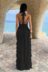 Open Back Halter Ruffle Lace Maxi Dress