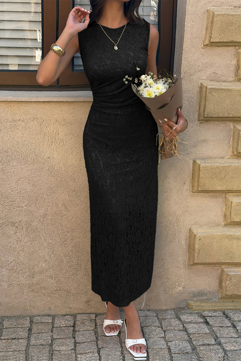 Solid Refined Cocktail Party Lace Midi Ruched Waist Dress