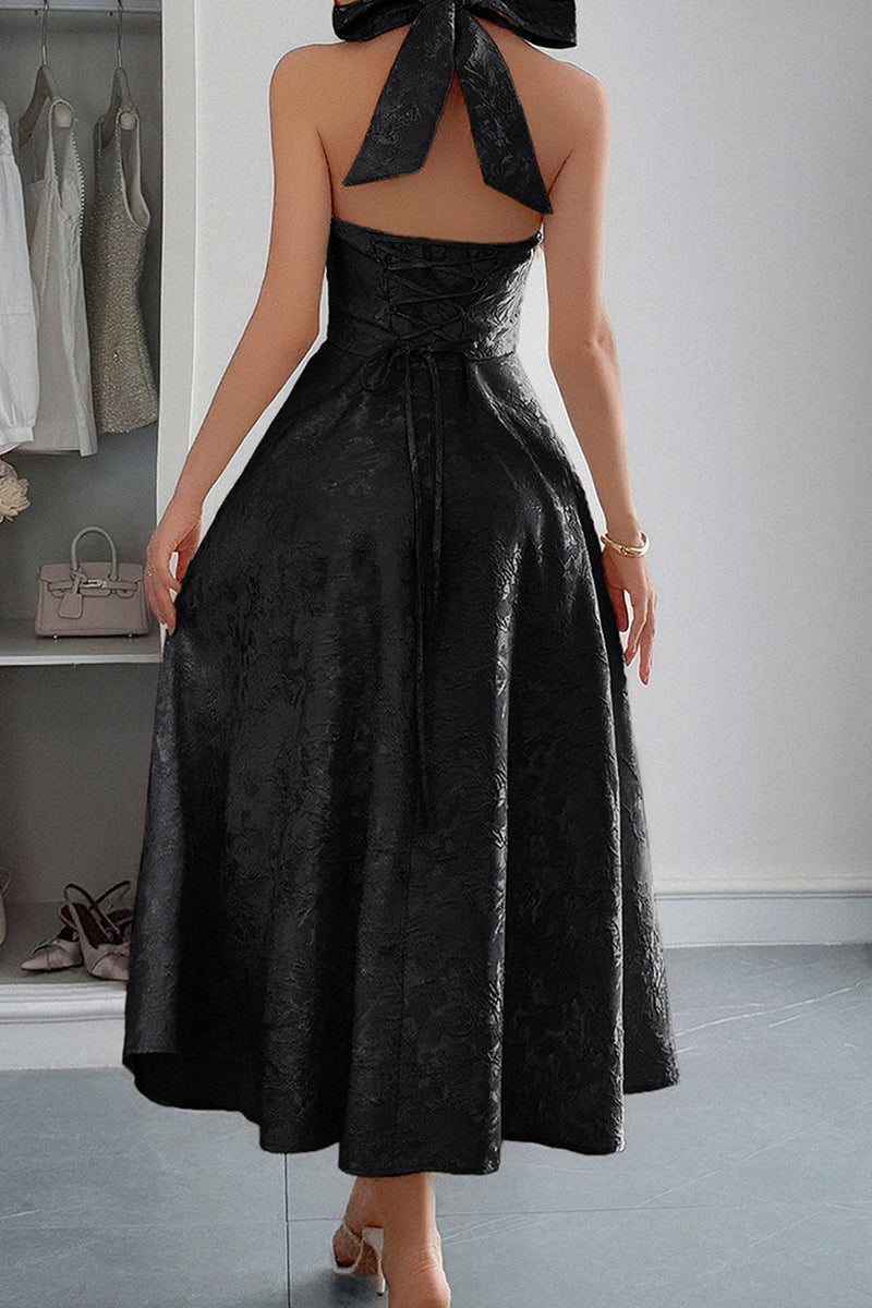 Halter A Line Lace Up Sleeveless Midi Dress