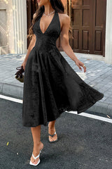 Halter Embroidery Deep V Back Tie Textured Dress