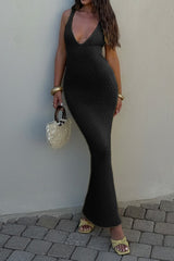 Solid V Neck Halter Cross Back Maxi Dress