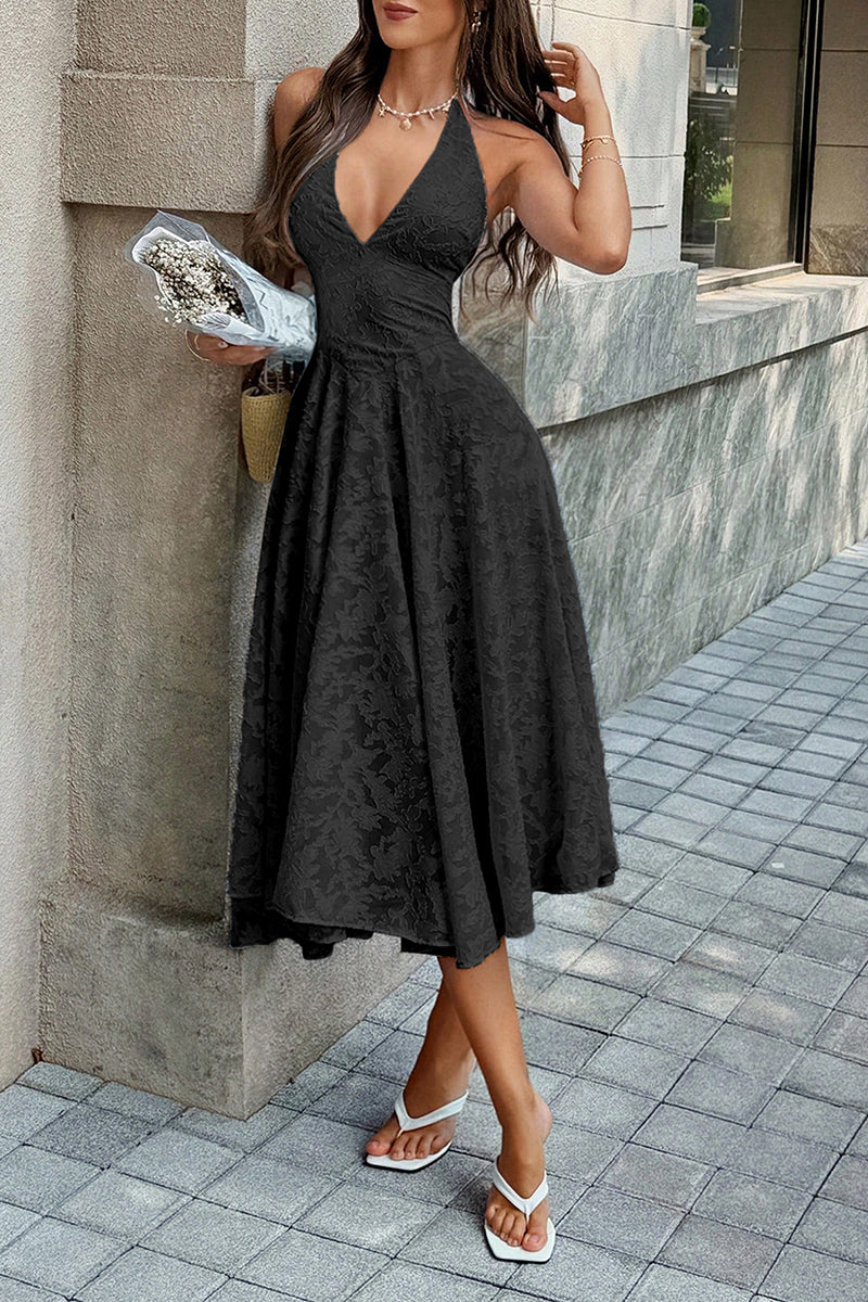 Halter Embroidery Deep V Back Tie Textured Dress