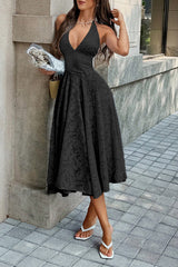 Halter Embroidery Deep V Back Tie Textured Dress