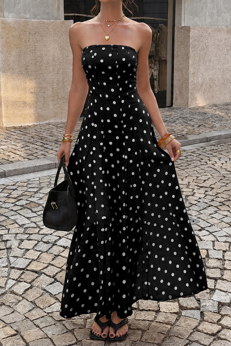 Polka Dot Strapless Sleeveless Chiffon Dress