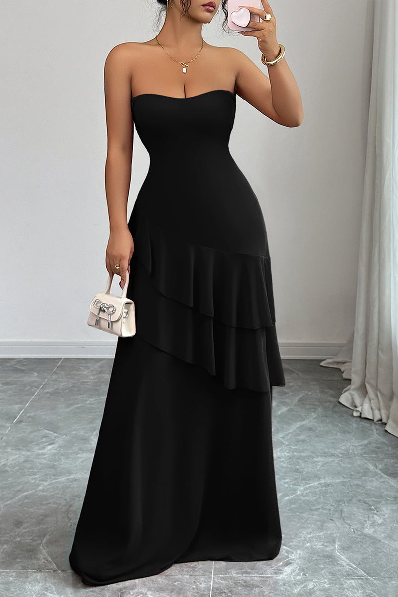 Off Shoulder Cross Back High Waist Layer Maxi Dress