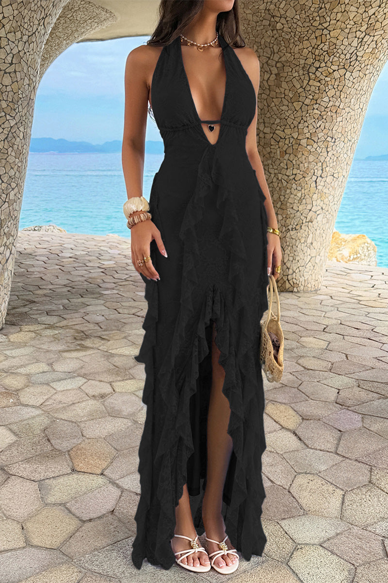 Open Back Halter Ruffle Lace Maxi Dress