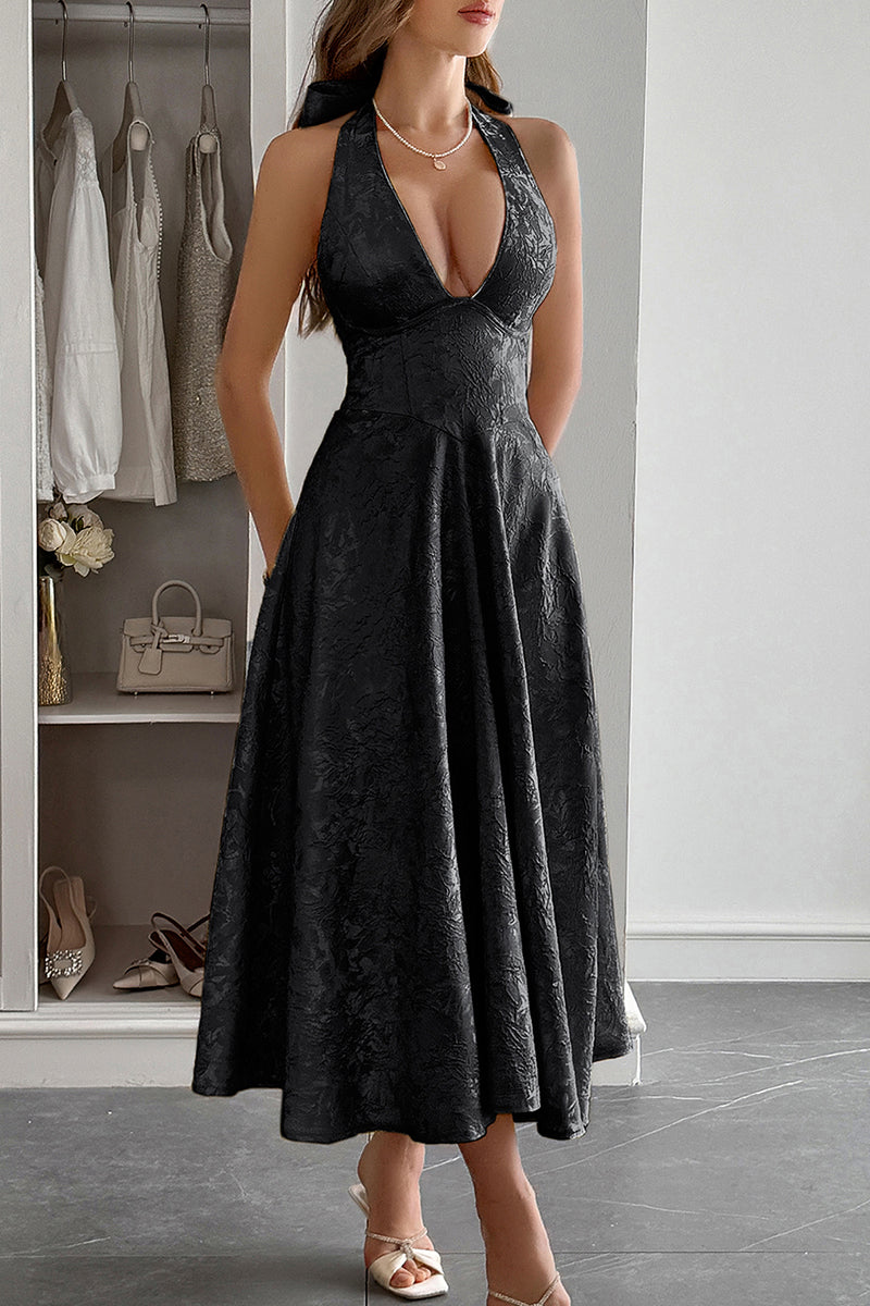 Halter A Line Lace Up Sleeveless Midi Dress