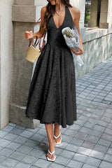 Halter Embroidery Deep V Back Tie Textured Dress