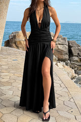 Halter Deep V Neck High Slit Ruched Maxi Dress