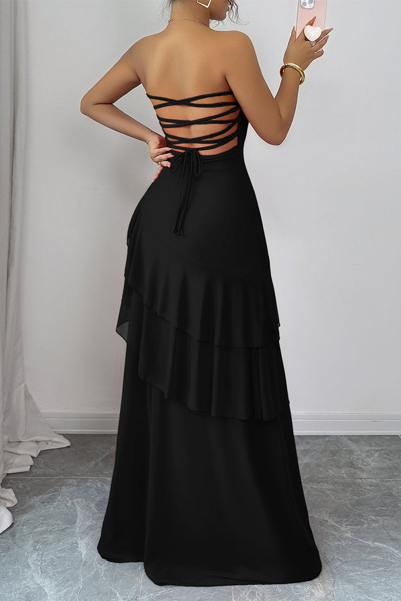 Off Shoulder Cross Back High Waist Layer Maxi Dress