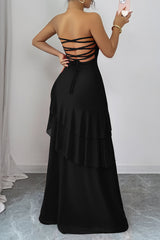Off Shoulder Cross Back High Waist Layer Maxi Dress