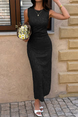 Solid Refined Cocktail Party Lace Midi Ruched Waist Dress