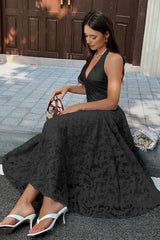 Halter Embroidery Deep V Back Tie Textured Dress