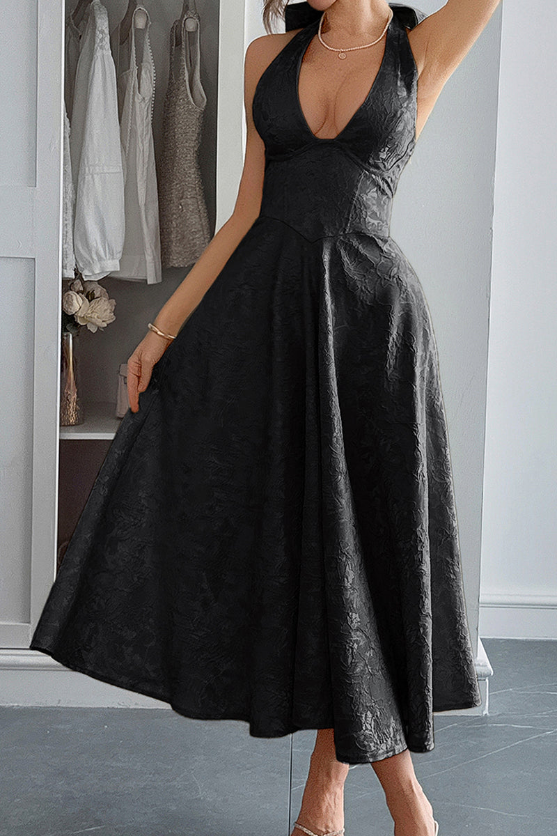 Halter A Line Lace Up Sleeveless Midi Dress