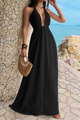 Halter Solid Hide Zipper A Line Maxi Dress