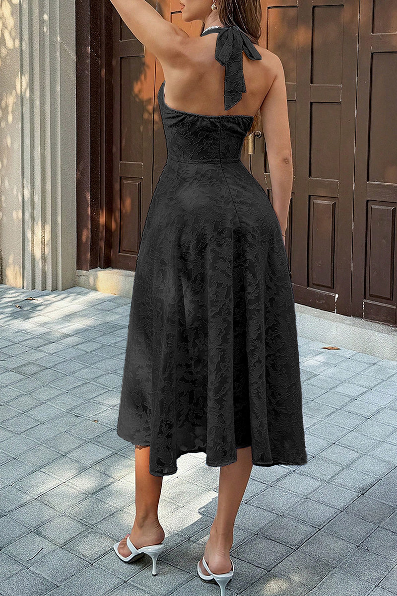 Halter Embroidery Deep V Back Tie Textured Dress