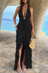 Open Back Halter Ruffle Lace Maxi Dress