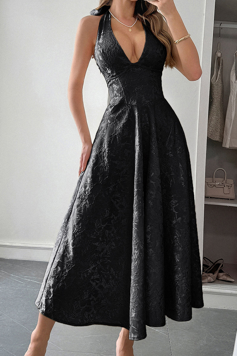 Halter A Line Lace Up Sleeveless Midi Dress