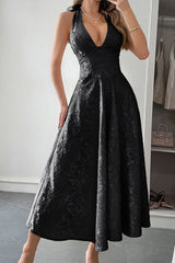 Halter A Line Lace Up Sleeveless Midi Dress