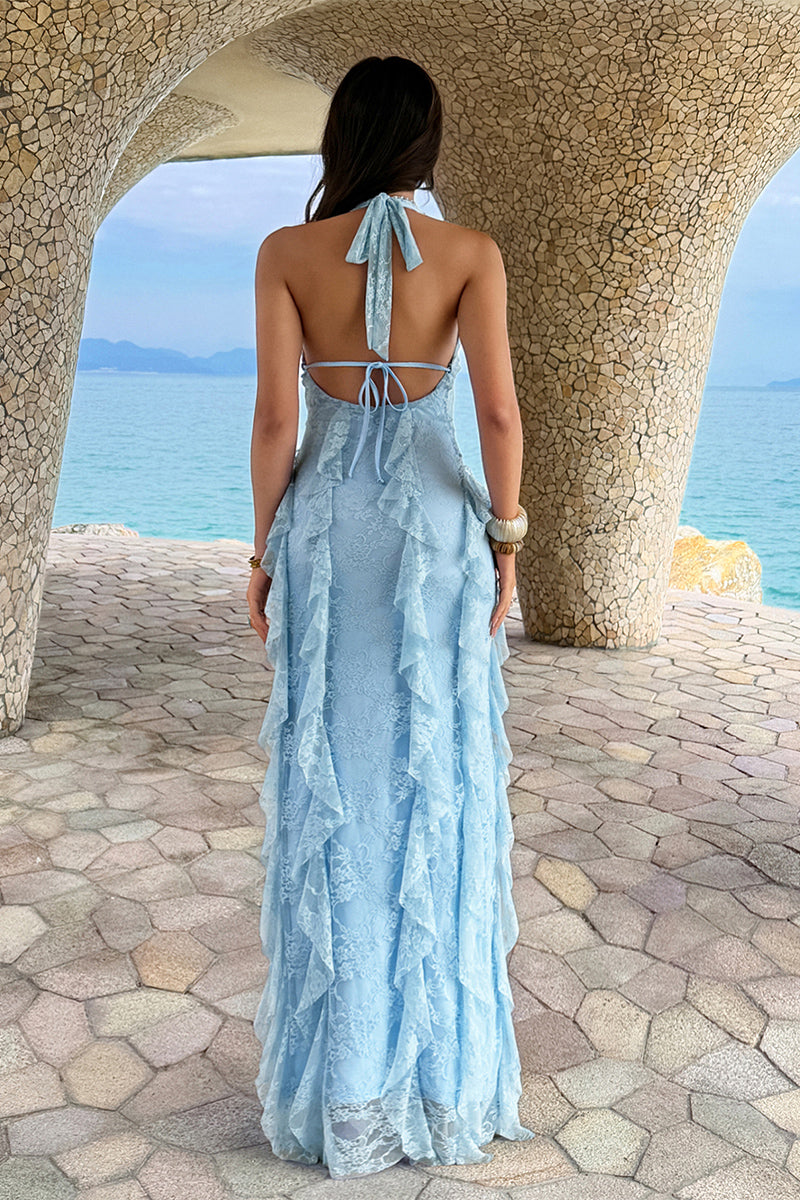 Open Back Halter Ruffle Lace Maxi Dress