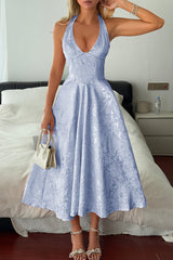 Halter A Line Lace Up Sleeveless Midi Dress