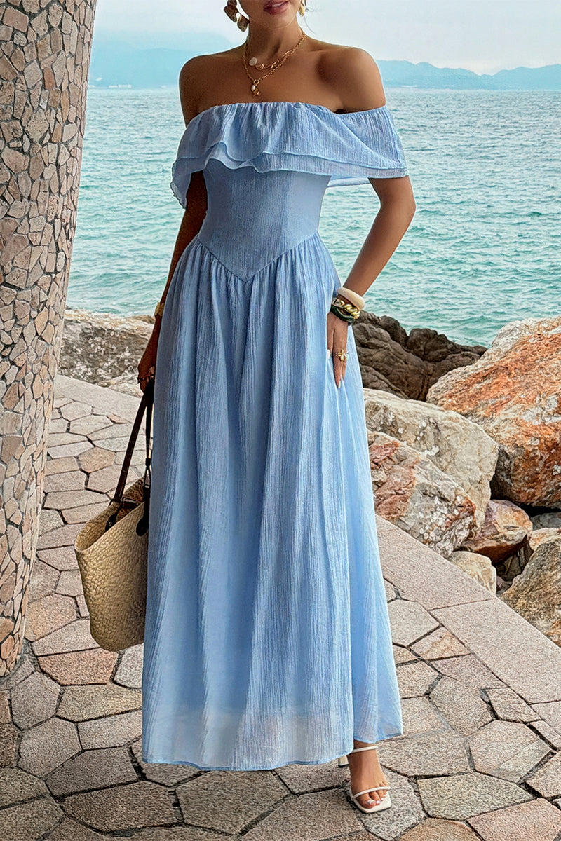 Solid Off Shoulder Corset Ruffle Long Dress