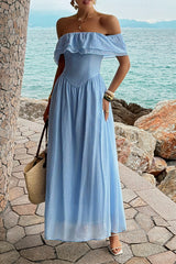 Solid Off Shoulder Corset Ruffle Long Dress