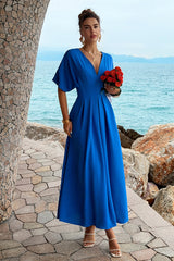 Solid Pleated Batwing Sleeve A Line Full Dress