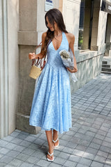 Halter Embroidery Deep V Back Tie Textured Dress