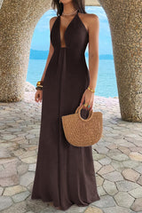 Halter Solid Hide Zipper A Line Maxi Dress